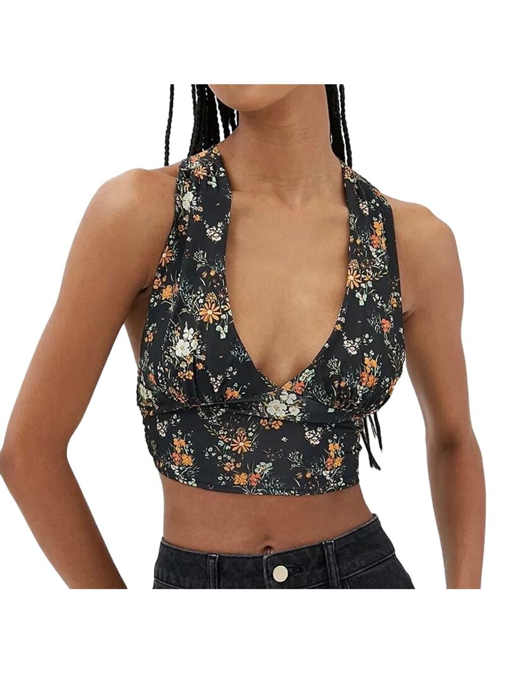 Urban Outfitters Phoenix Plunging Floral Tie Back Crop Tank Top Size Small